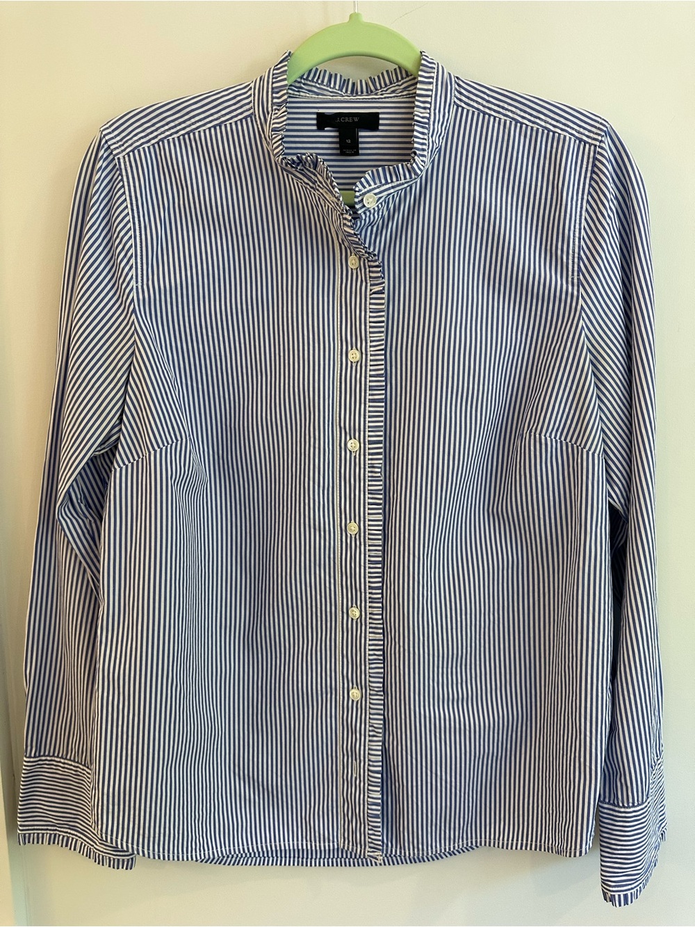 J.Crew Blue White Striped Ruffle Neck Button Down Shirt  Cotton Size 12